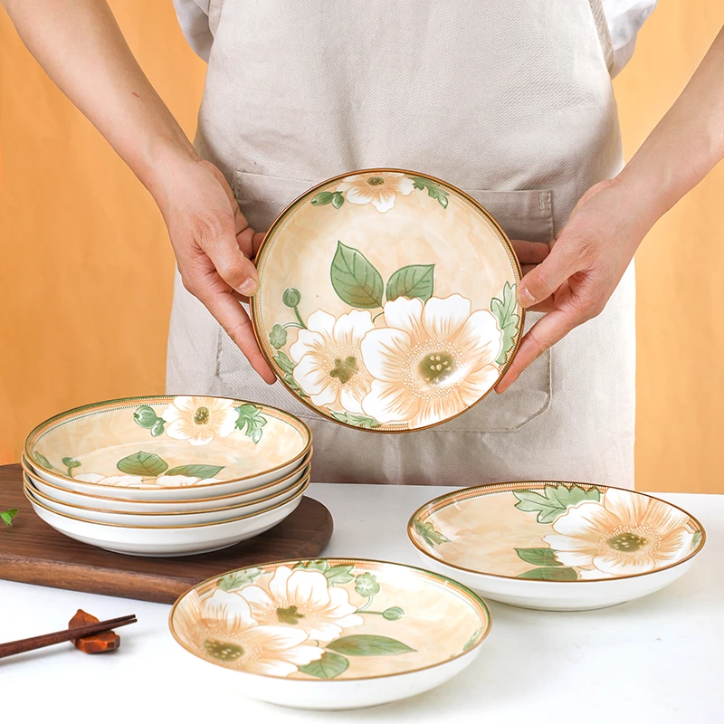 【工厂直发】8英寸圆盘10只山茶花盘子餐具家用2024新款网红伍