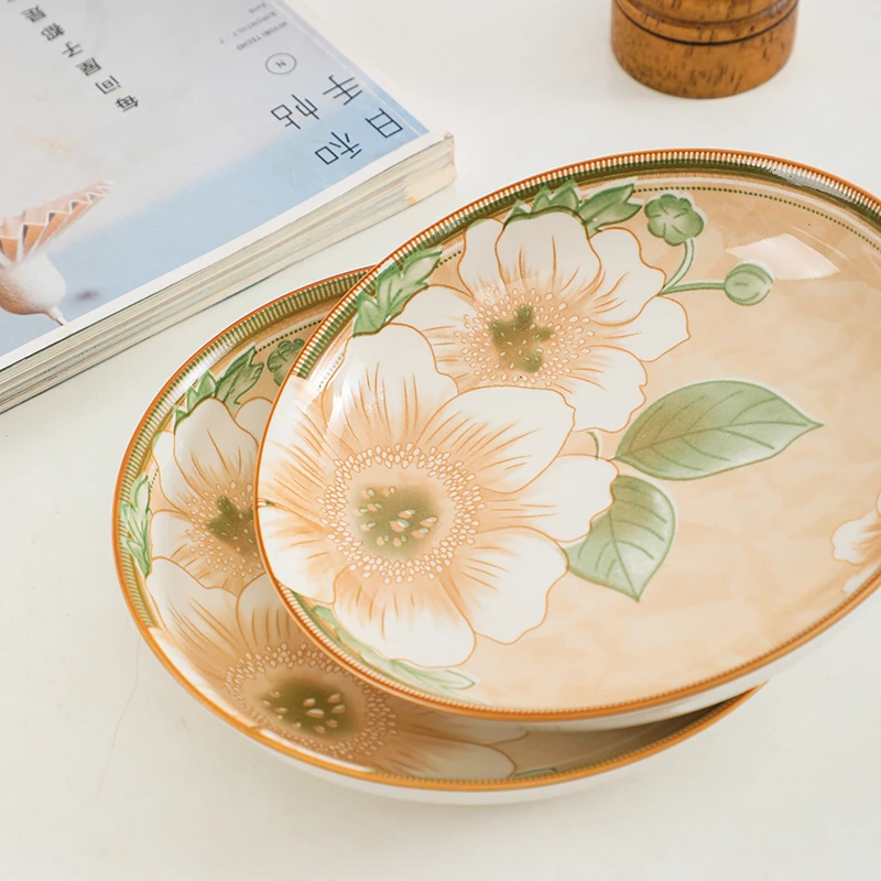 【工厂直发】10英寸2只山茶花家用菜盘餐盘陶瓷大盘鸡鱼盘叄