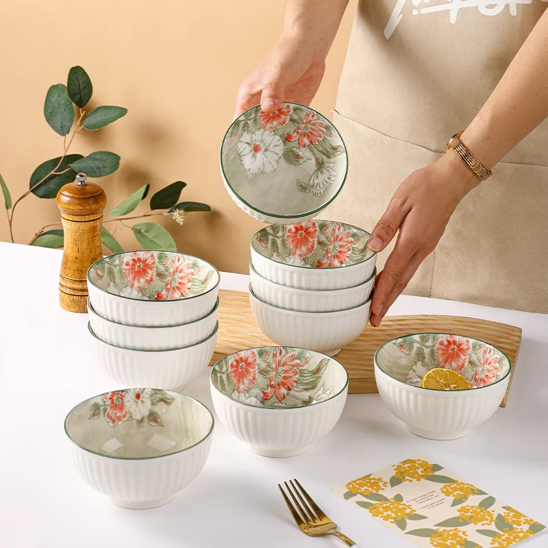 【工厂直发】花开富贵10只4.5英寸吃饭碗釉下彩防烫陶瓷简约零