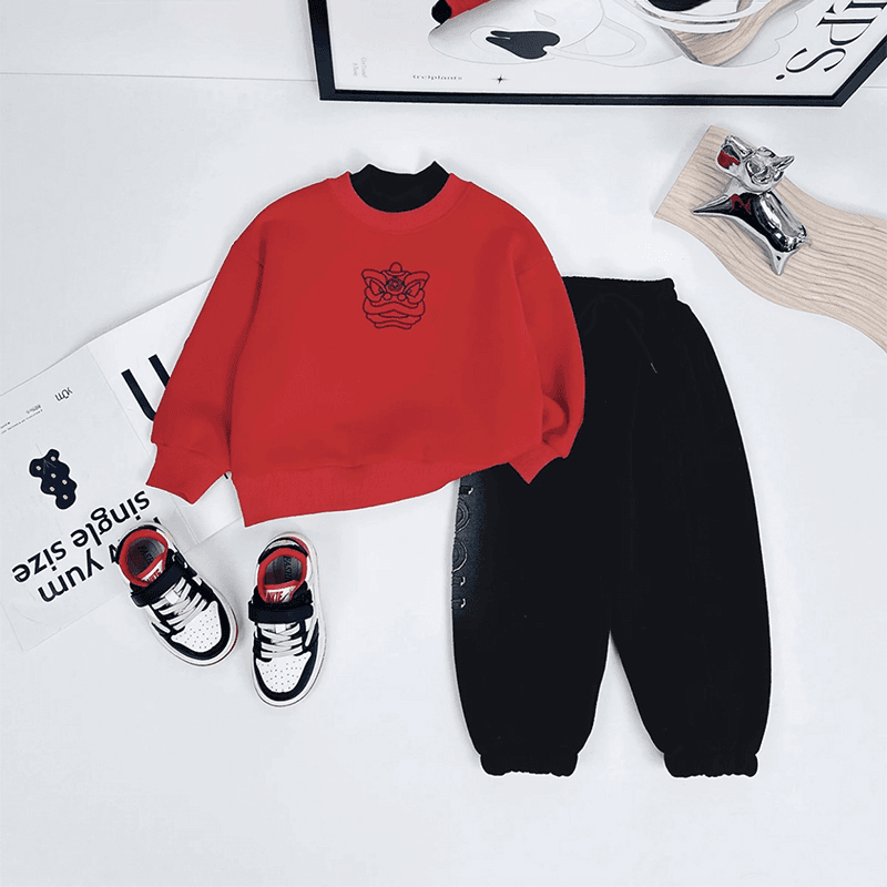 新款儿童加绒卫衣拜年服中大童长袖双领秋冬上衣洋气宝宝红色保暖