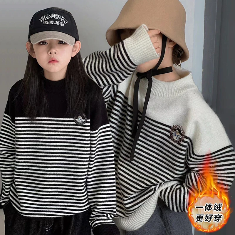JBB小熊条纹一体毛衣女童2023秋冬款针织衫男童加厚打底衫童装潮