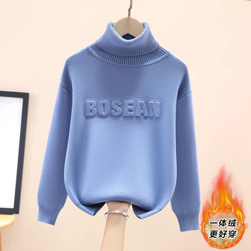 8023儿童高领毛衣一体绒秋冬款中大童加绒加厚女童保暖上衣男童潮