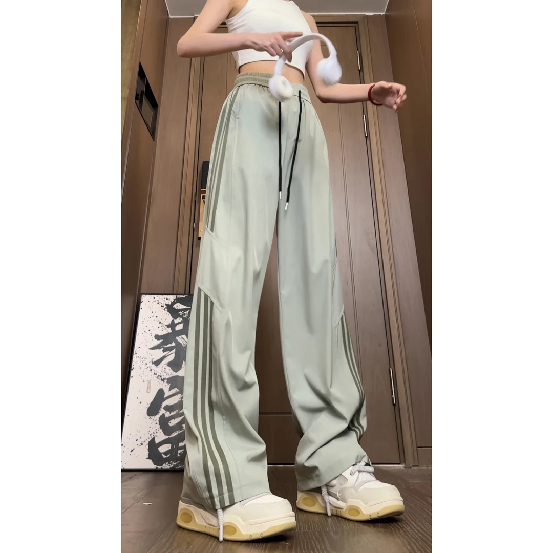 美式冰丝条纹休闲裤男女夏季薄款潮牌宽松速干直筒裤阔腿工装长裤