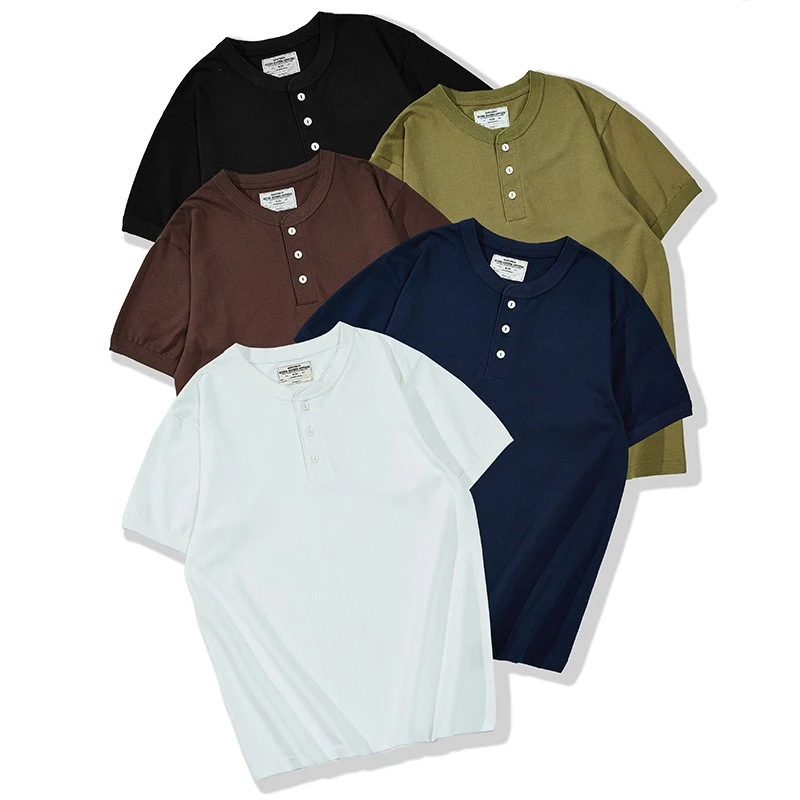 基础款重磅纯色短袖亨利领T恤 henry shirt TEE 男螺纹净色白上衣