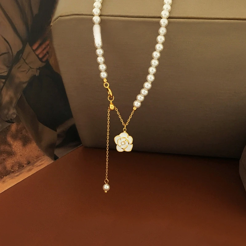 铜珐琅项链 山茶花复古气质优雅珠珠个性高级感小香风锁骨链7032