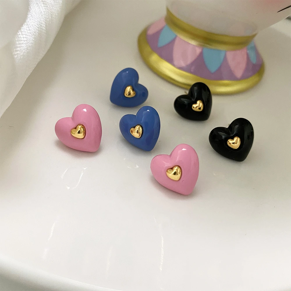 铜合金珐琅耳饰 ins韩国可爱小清新爱心烤漆耳钉8080