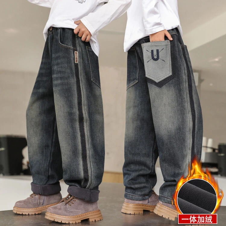 男童加绒裤子秋冬款2024新款宽松帅气儿童牛仔裤男孩一体绒休闲裤