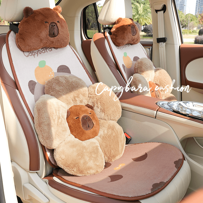 卡皮巴拉汽车坐垫车载秋冬季加绒保暖防寒座垫腰靠车内饰垫子用品