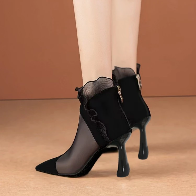 羊皮网靴女高跟鞋2024年夏季新款时尚气质尖头凉靴时尚百搭靴子