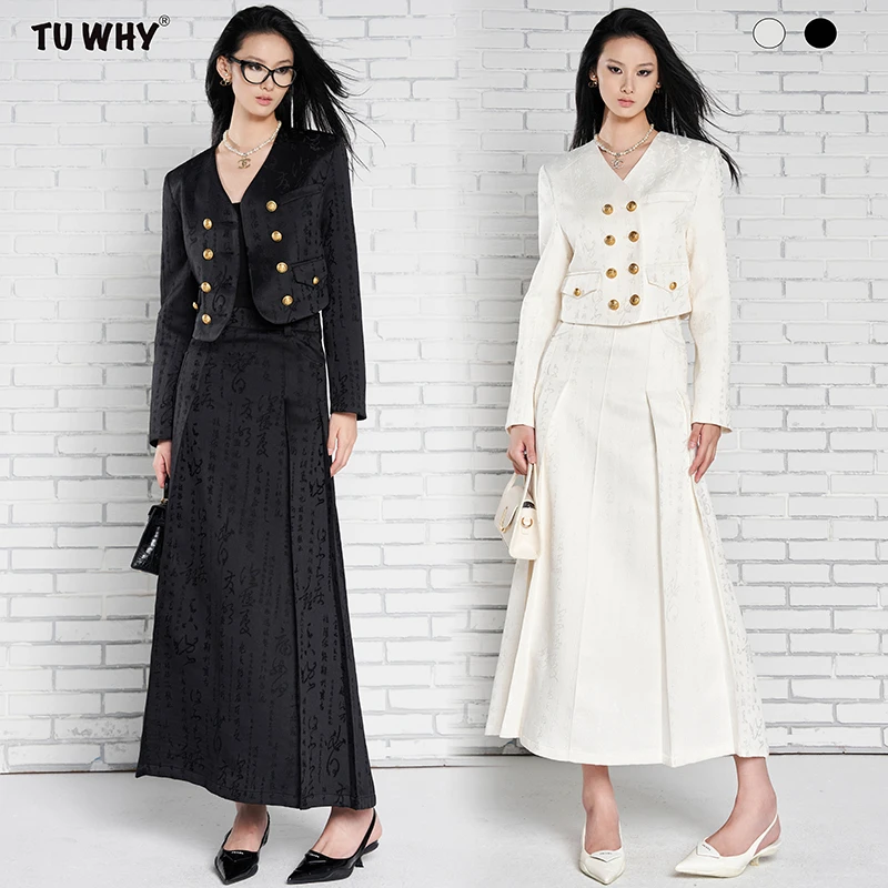 Tu why 新中式宫廷小香风不规则“书法刺绣”套装秋冬百褶半身裙