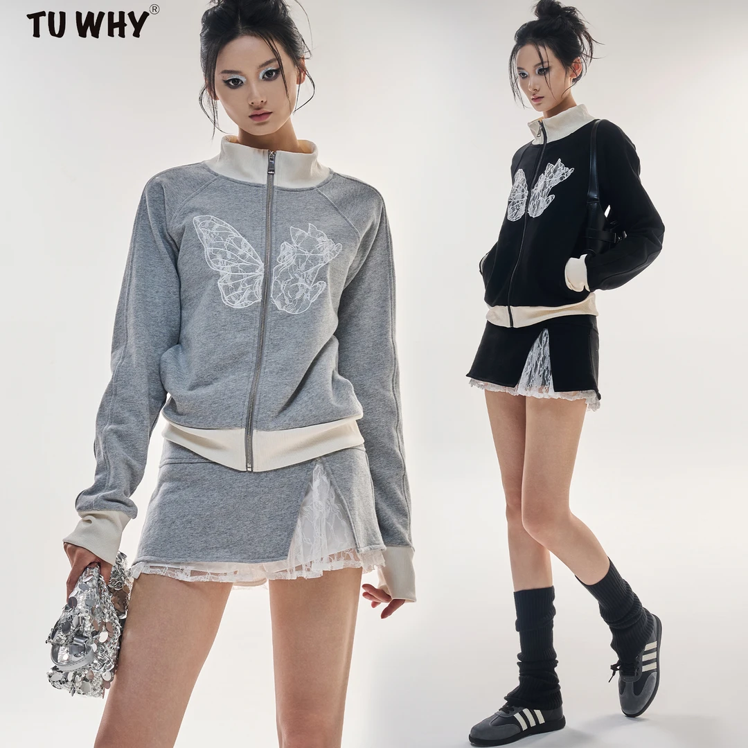 Tuwhy【新品】“欲望芭蕾”蕾丝刺绣撞色立领卫衣蕾丝运动卫裙