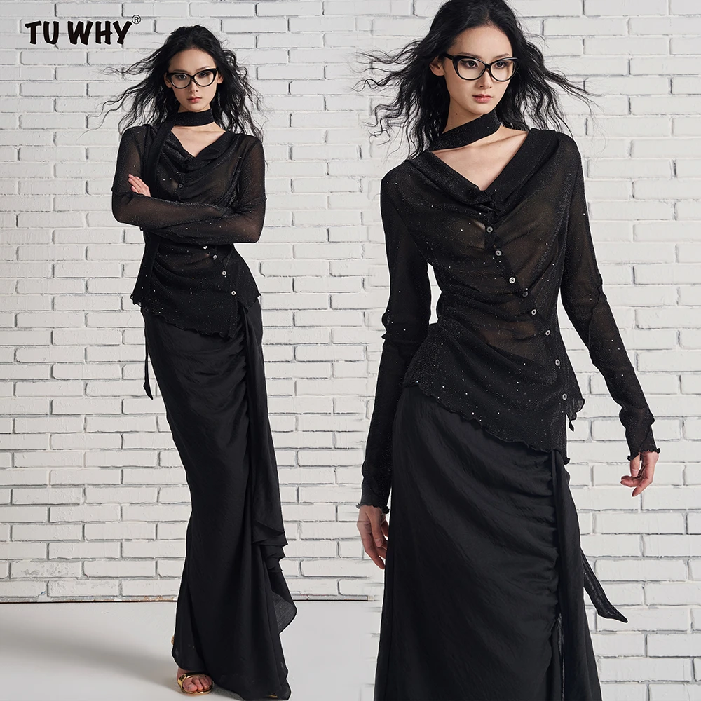 Tu why “月光奢影” 对扣不规则网纱闪片荡领上衣（含领带）