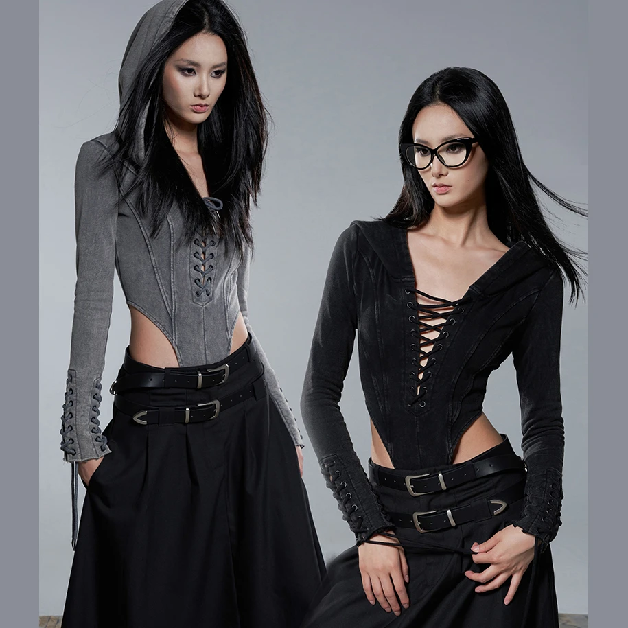 Tu why 原创小众设计连裆绑带卫衣女春秋款长袖连帽上衣街头前卫