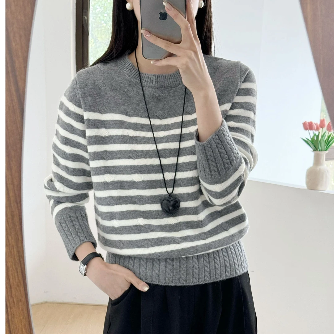 撞色圆领套头毛衣针织2024年秋冬新款洋气女装宽松百搭条纹上衣