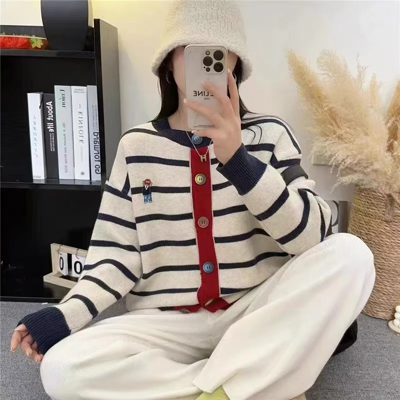 复古撞色条纹毛衣秋冬新款设计感圆领开衫外套