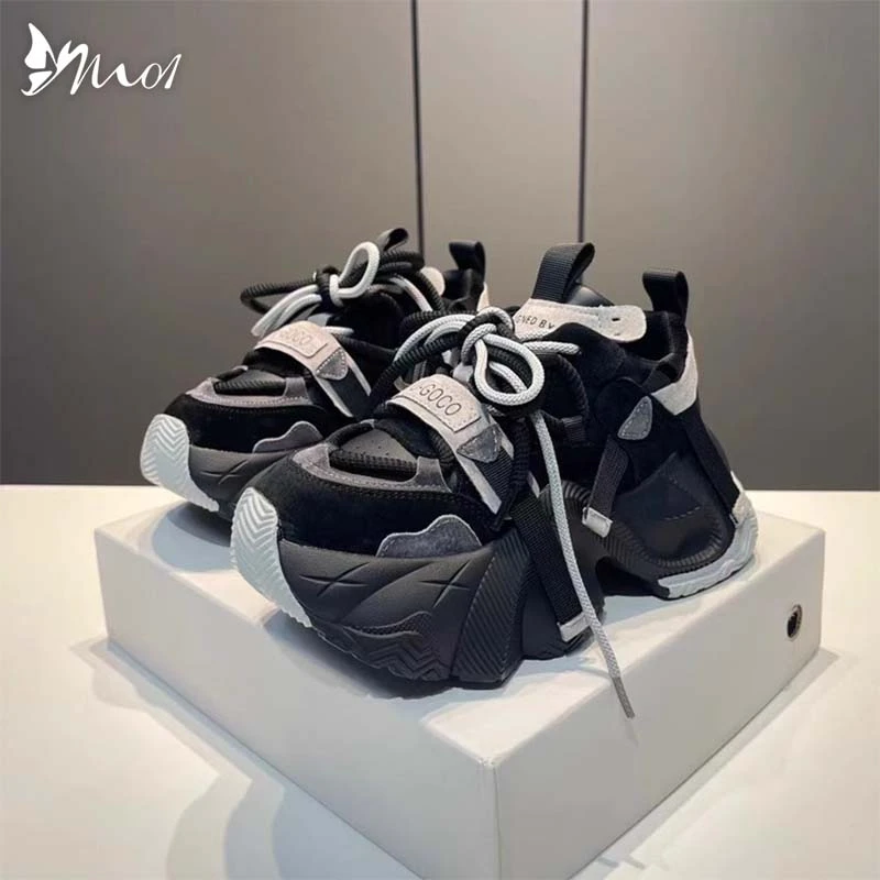 M01松糕黑色老爹鞋女士2025秋季新款时尚拼色厚底系带运动休闲鞋