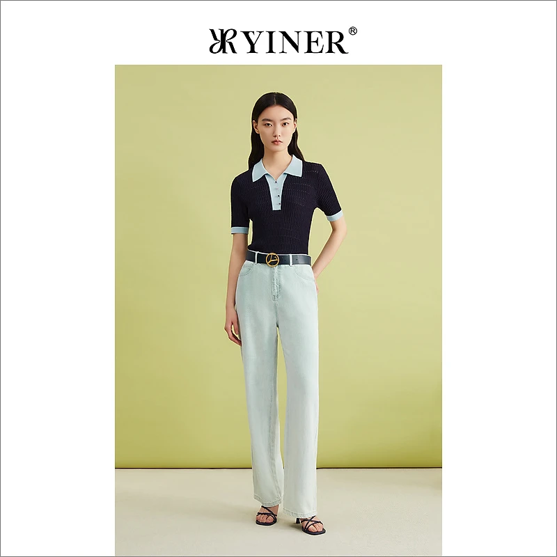 YINER音儿专选女装夏季法式优雅时尚撞色POLO领针织衫套头
