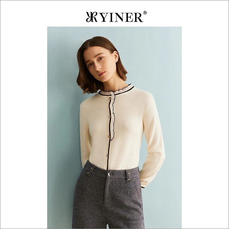 YINER音儿专选女装冬季法式浪漫木耳花边装饰拼接针织衫套头