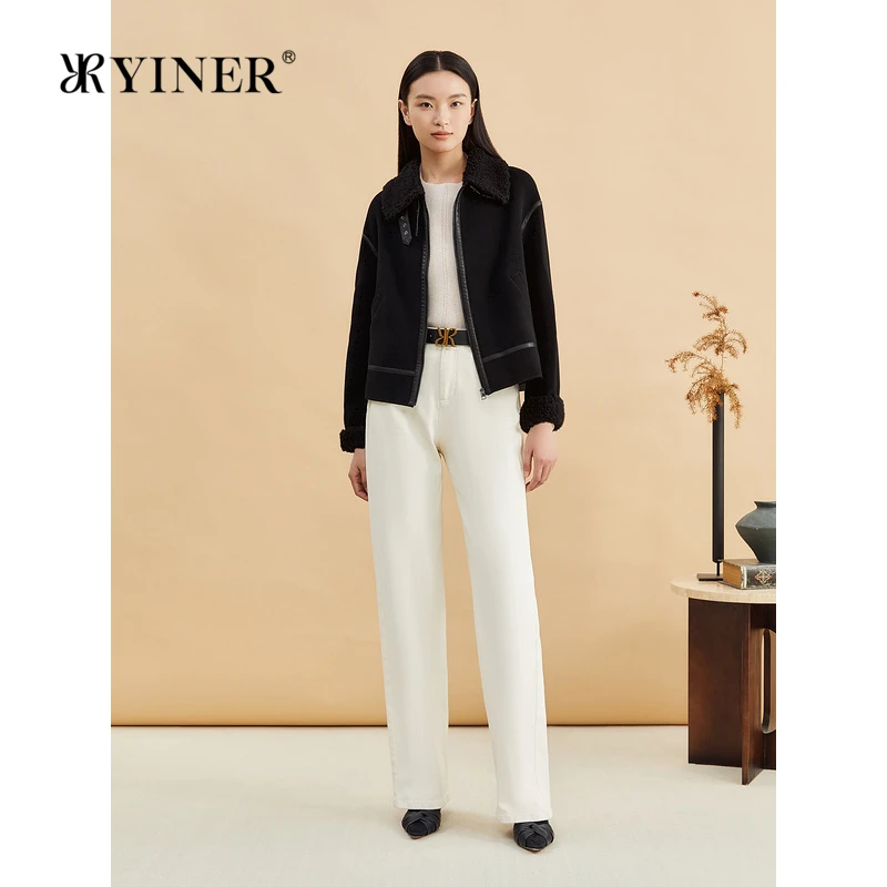 YINER音儿专选女装冬季毛茸拼接羊皮革保暖短款羊毛呢外套