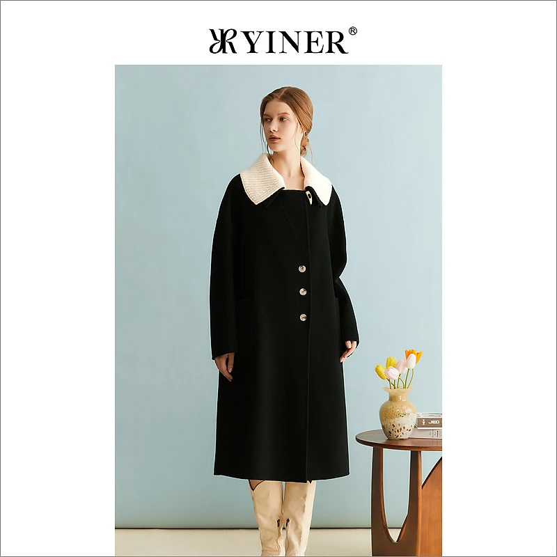 YINER音儿专选女装冬季时尚撞色翻领中长款纯羊毛双面呢大衣外套