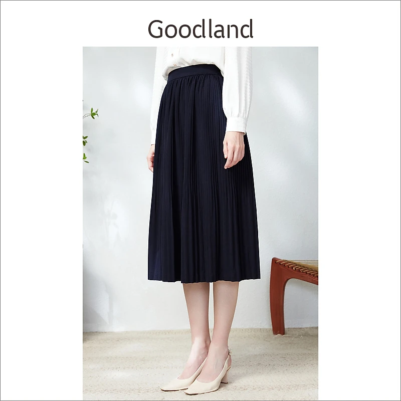 Goodland美地春季时尚气质压褶伞摆显瘦A字半身裙