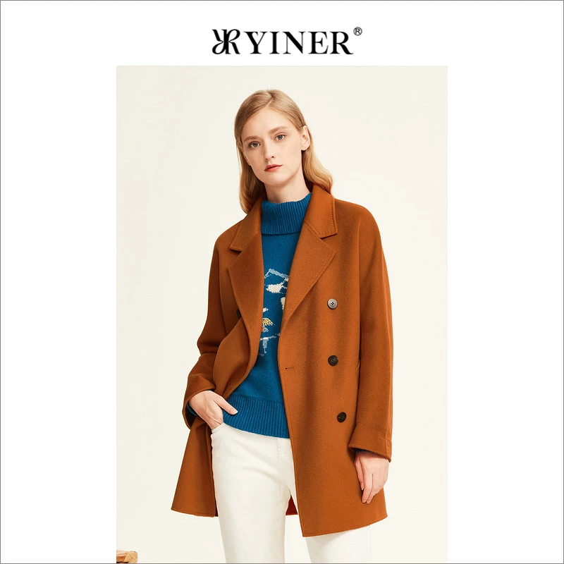 YINER音儿女装冬季羊毛混羊绒双面呢大衣廓形外套