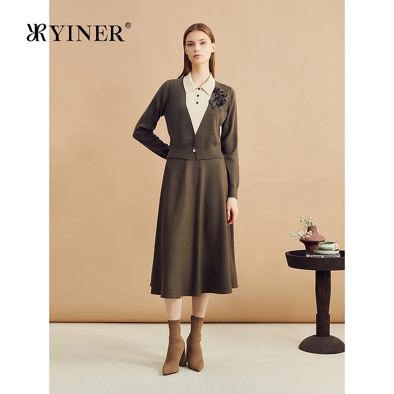 YINER音儿冬季时尚玉兰花立体装饰假两件羊毛混纺针织连衣裙