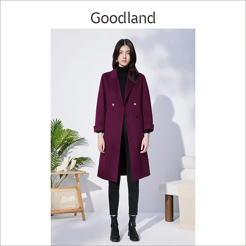 Goodland美地女装冬季长款纯绵羊毛双面呢子大衣外套高级感