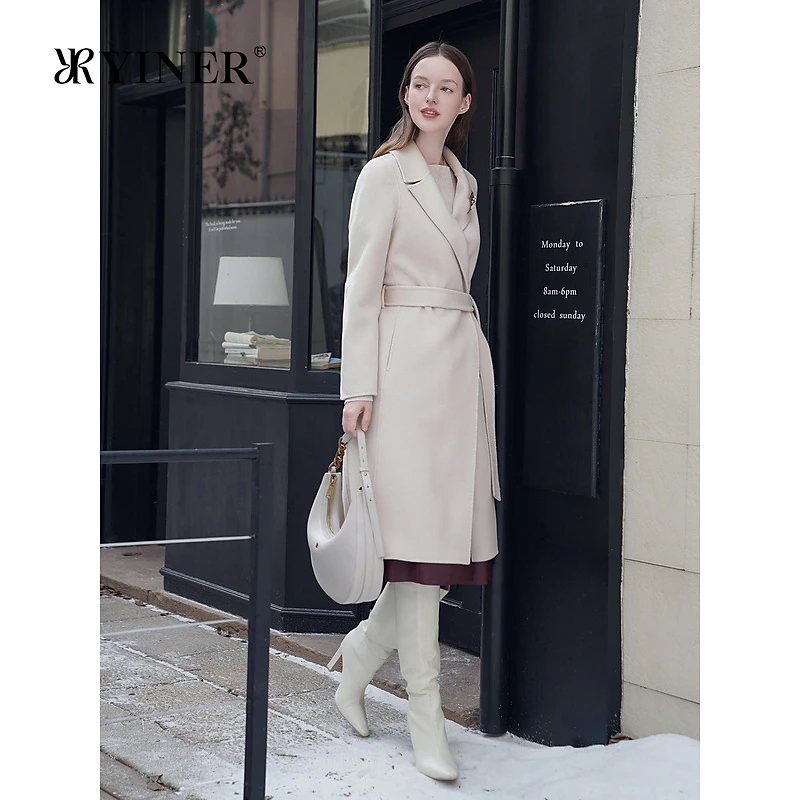YINER音儿专选女装秋季气质中长款骆驼绒羊毛羊绒混纺双面呢大衣