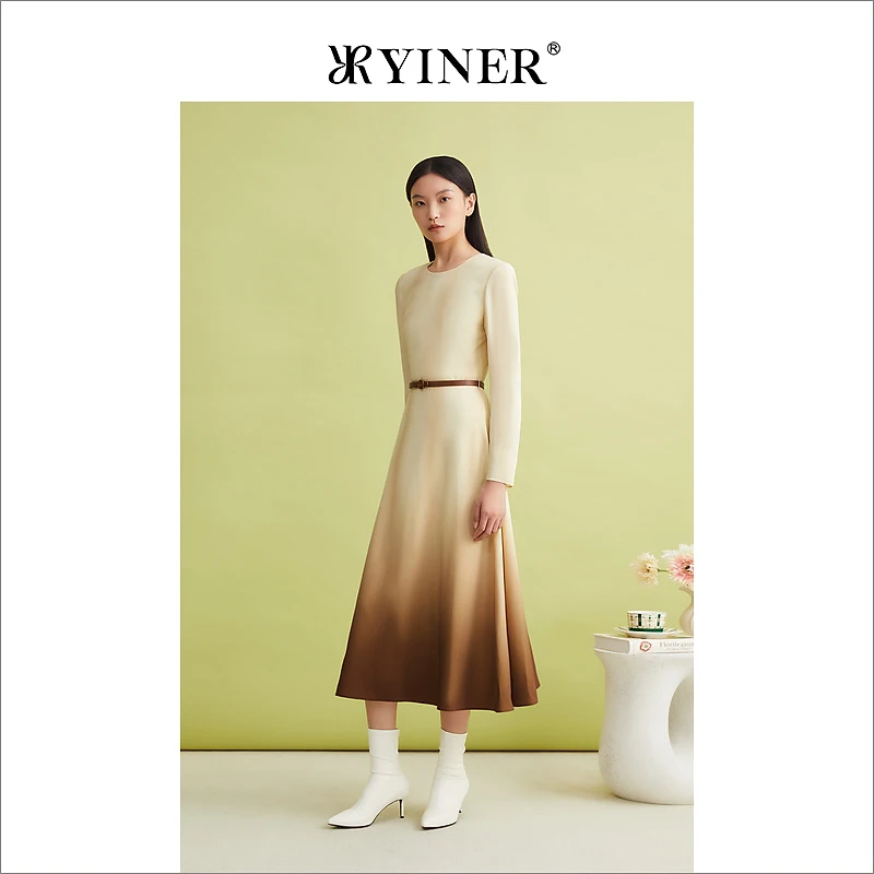 YINER音儿女装春季新款法式优雅美丽诺羊毛混纺绸面渐变连衣裙