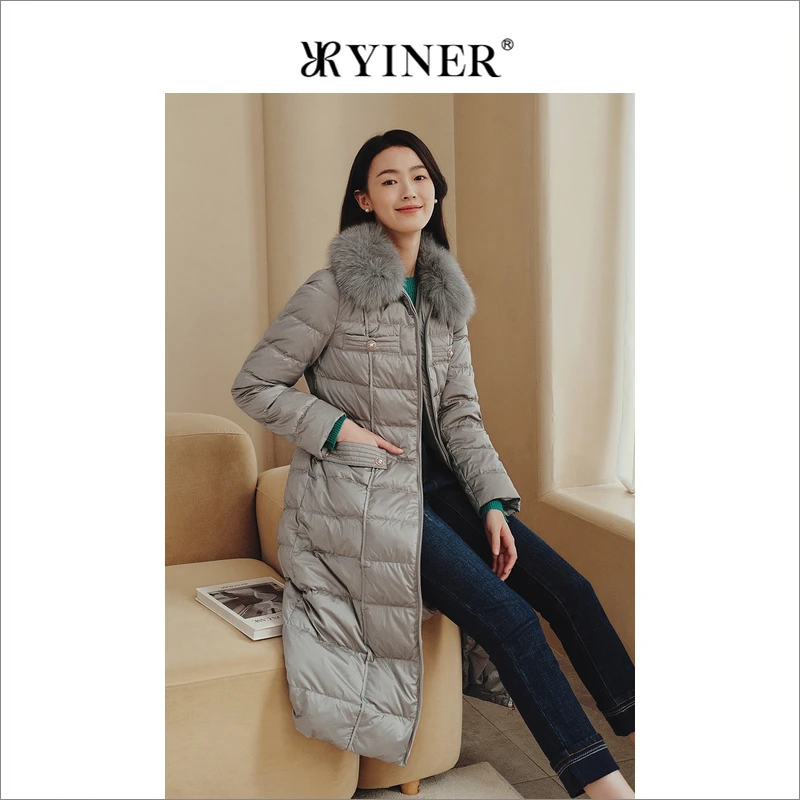 YINER音儿专选女装冬季束腰带狐狸毛领中长款加厚鸭绒羽绒服