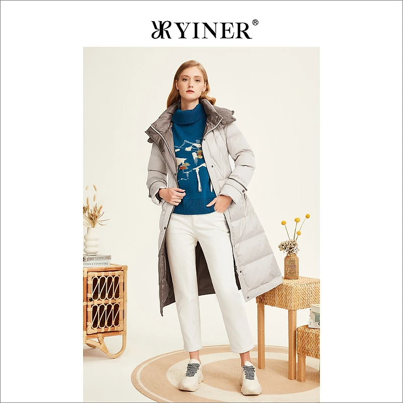 YINER音儿女装冬季时尚中长款设计感加厚保暖连帽羽绒服