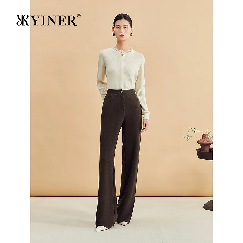 YINER音儿专选女装冬季通勤美拉德垂感厚实保暖高腰直筒休闲长裤