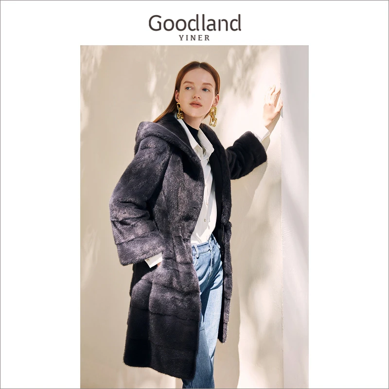 Goodland美地女装垂感中长款连帽柔软水貂皮草外套高级感