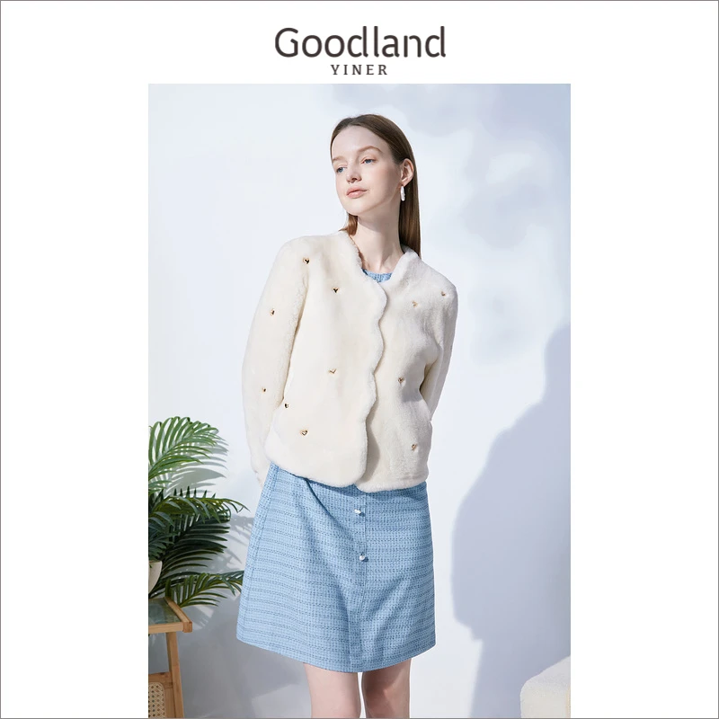 Goodland美地女装冬季短款爱心钉珠羊皮毛一体皮草保暖外套