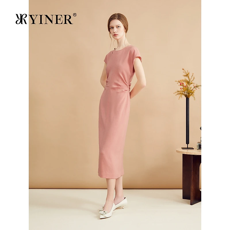 YINER音儿女装秋季法式优雅三醋酸镂空设计皱褶收腰A字连衣裙