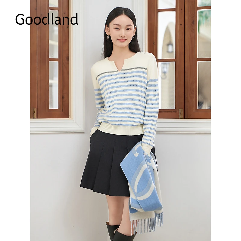 Goodland美地2024冬季新款羊毛混纺撞色条纹小v领针织衫