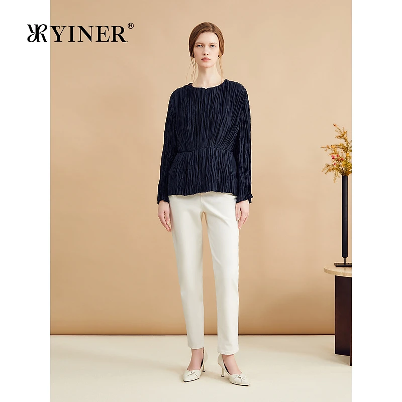 YINER音儿2024秋季新款法式不规则艺术皱褶收腰圆领女上衣