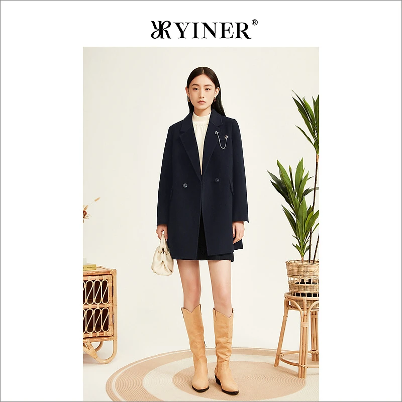 YINER音儿专选女装冬季绵羊毛双面呢大衣高级感中长款外套