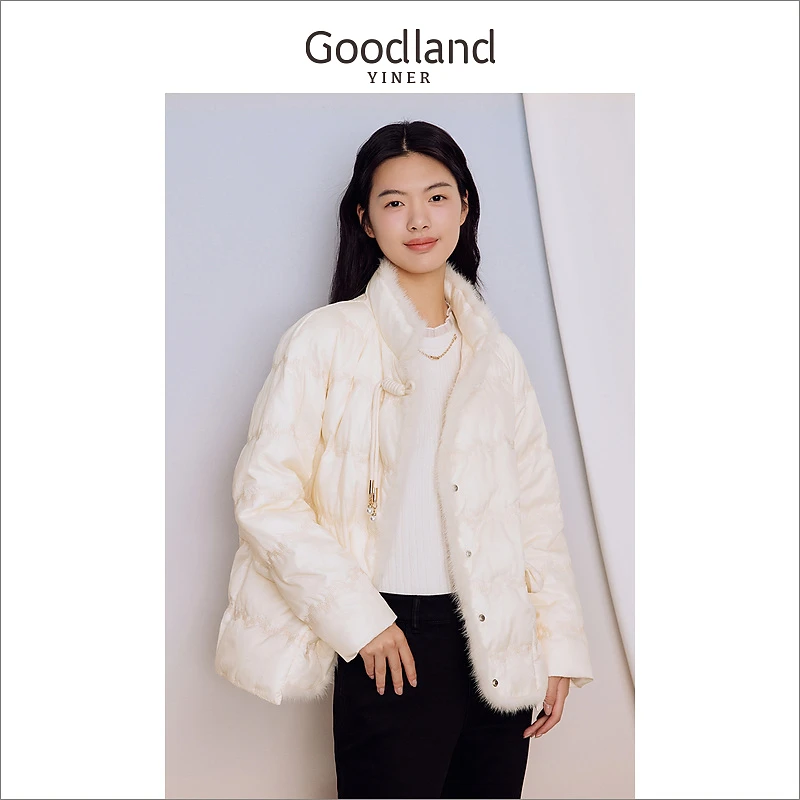 [新中式]Goodland美地女装冬季雅丹风水貂毛领刺绣短羽绒服