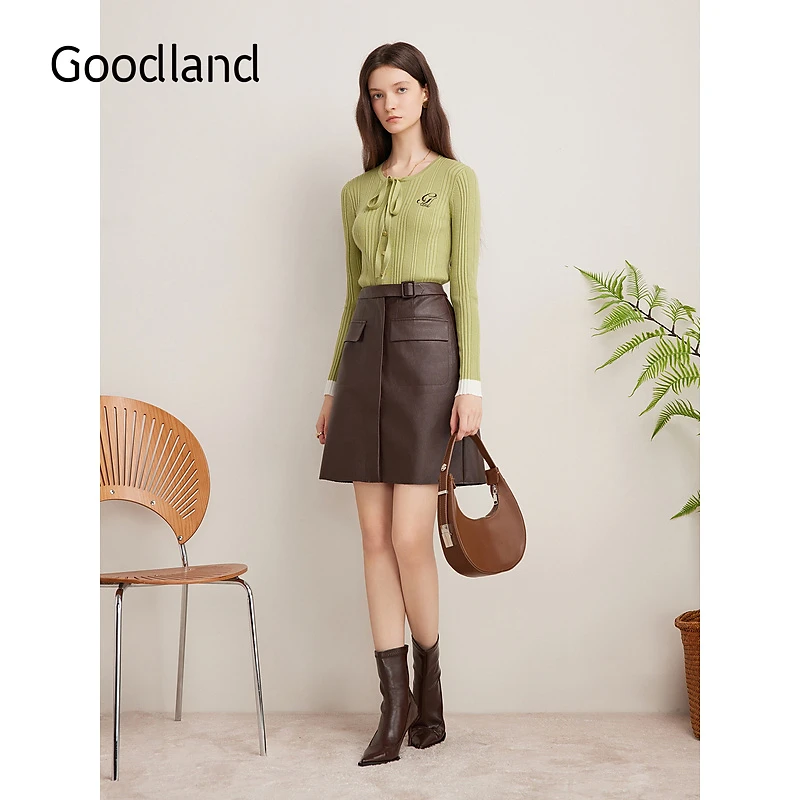 Goodland美地2024冬季新款羊毛混纺法式系带坑条肌理毛针织衫