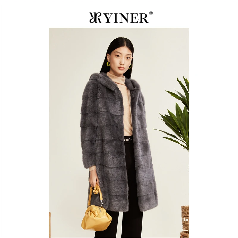 YINER音儿专选女装冬季中长款连帽保暖廓形水貂毛皮草高级感