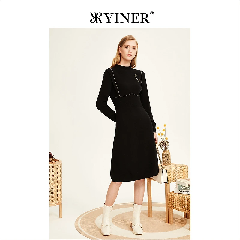 YINER音儿冬季法式羊毛含羊绒收腰显瘦连衣裙