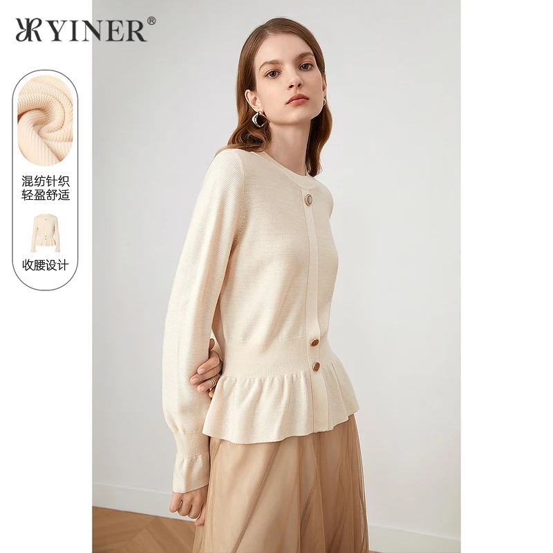 YINER音儿专选女装秋季收腰荷叶摆针织衫套头上衣