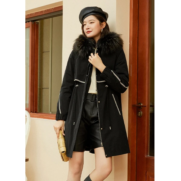 YINER音儿专选女装冬季时尚中长款撞色貉子毛领连帽派克服