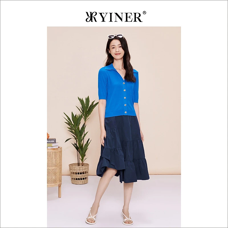 YINER音儿女装春季宝蓝色海鸥领五分袖针织衫