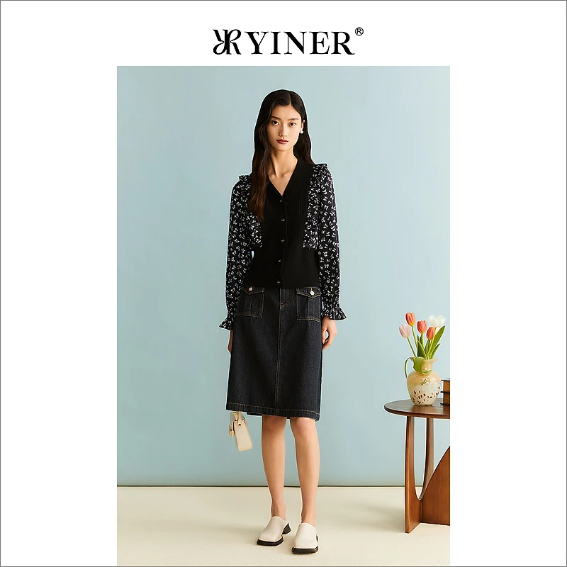 YINER音儿专选女装秋季假两件拼接针织衫花苞袖上衣