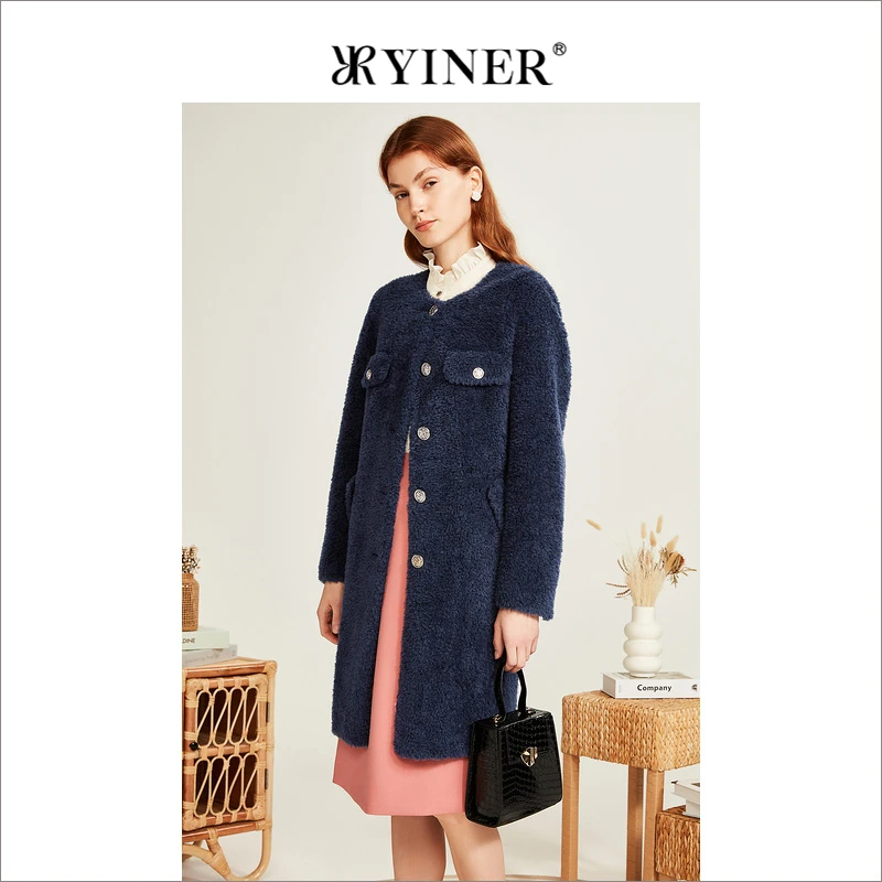 YINER音儿专选女装冬季时尚中长款保暖环保羊毛皮草大衣外套