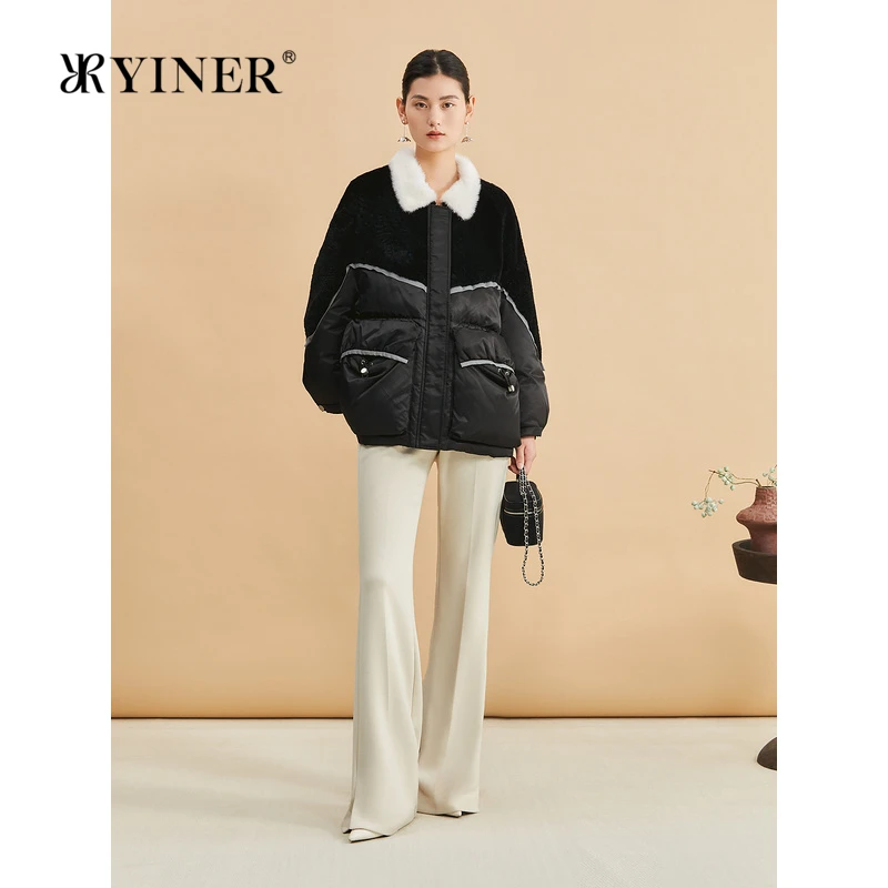 人造皮草 YINER音儿专选女装冬季羊剪毛拼接短羽绒服