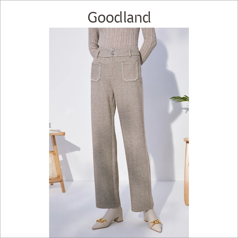 Goodland美地女装冬季时尚通勤钉珠装饰口袋高腰阔腿休闲长裤